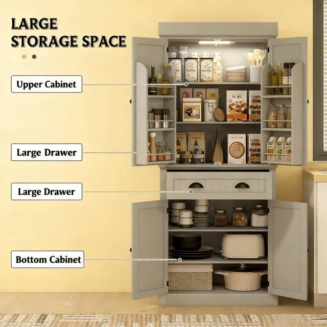 Alt view image 6 of 7 - Kitchen Pantry Cabinet with LED Lights, Door Shelves Drawer and Adjustable Shelves, Grey, MDF