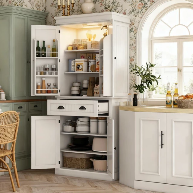 Main image of Kitchen Pantry Cabinet with LED Lights, 6 Door Shelves Drawer and Adjustable Shelves for Your, White, MDF
