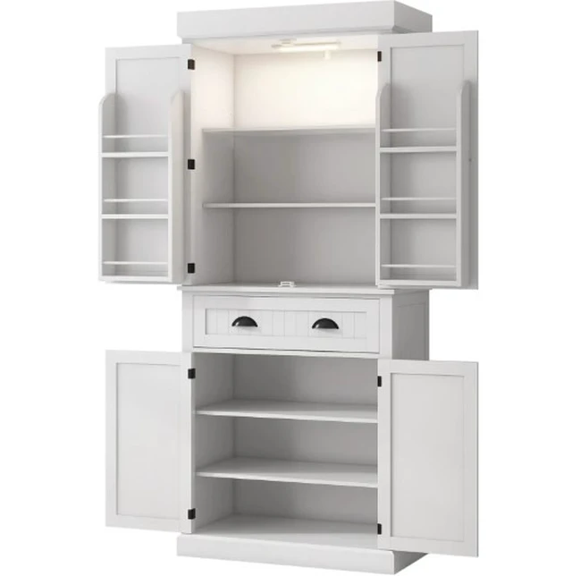 Alt view image 2 of 7 - Kitchen Pantry Cabinet with LED Lights, 6 Door Shelves Drawer and Adjustable Shelves for Your, White, MDF