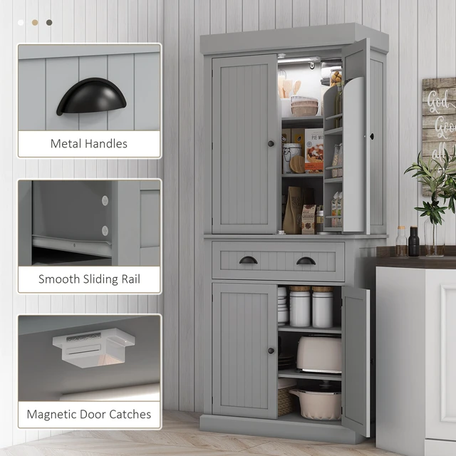 Alt view image 7 of 7 - Kitchen Pantry Cabinet with LED Lights, Door Shelves Drawer and Adjustable Shelves, Grey, MDF