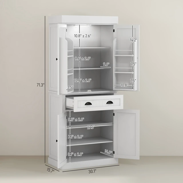 Alt view image 3 of 7 - Kitchen Pantry Cabinet with LED Lights, 6 Door Shelves Drawer and Adjustable Shelves for Your, White, MDF
