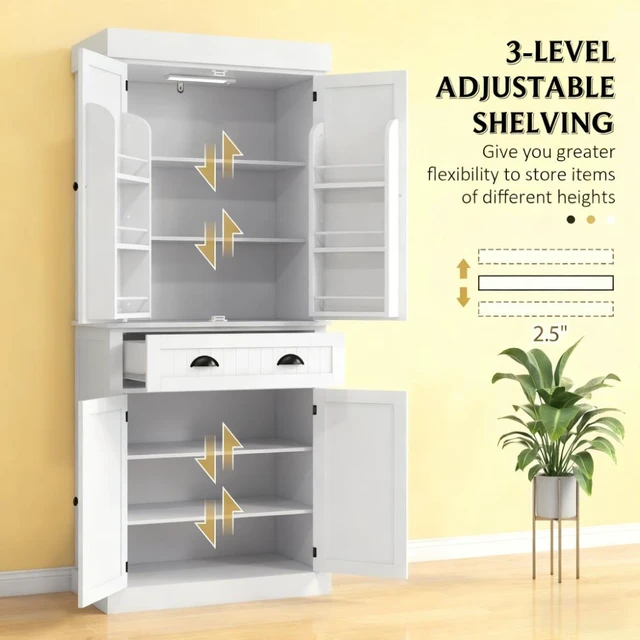 Alt view image 4 of 7 - Kitchen Pantry Cabinet with LED Lights, 6 Door Shelves Drawer and Adjustable Shelves for Your, White, MDF