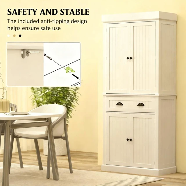 Alt view image 5 of 7 - Kitchen Pantry Cabinet with LED Lights, 6 Door Shelves Drawer and Adjustable Shelves for Your, White, MDF
