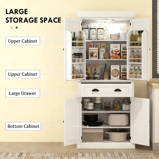 Alt view image 6 of 7 - Kitchen Pantry Cabinet with LED Lights, 6 Door Shelves Drawer and Adjustable Shelves for Your, White, MDF