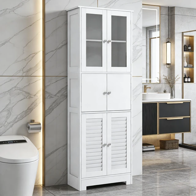 Alt view image 2 of 7 - Storage Cabinet, Freestanding Cabinet Kitchen White, MDF and Glass