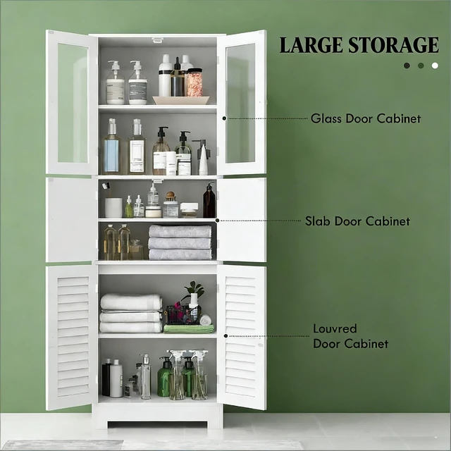 Alt view image 5 of 7 - Storage Cabinet, Freestanding Cabinet Kitchen White, MDF and Glass