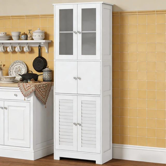 Alt view image 6 of 7 - Storage Cabinet, Freestanding Cabinet Kitchen White, MDF and Glass