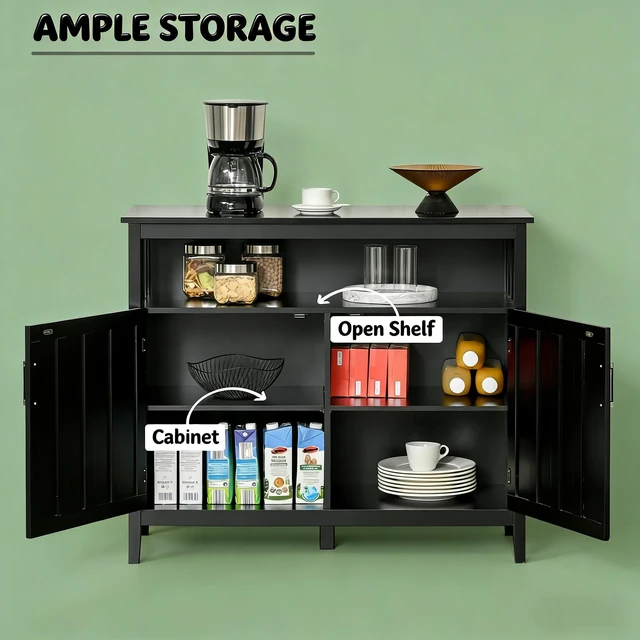 Alt view image 5 of 7 - Storage Cabinet, Coffee Bar Cabinet Sideboard Buffet Black, MDF