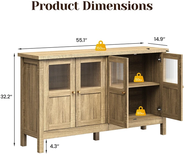 Alt view image 2 of 7 - Storage Cabinet with 4 Doors, Sideboard Cabinet with Acrylic Accents and Adjustable Shelves Accent for Living Dining
