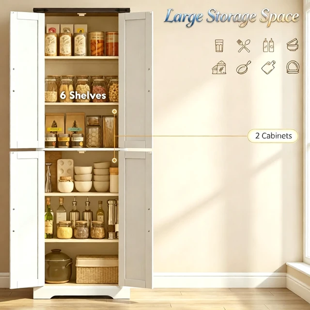 Alt view image 7 of 7 - Tall Storage Cupboard, Freestanding Kitchen Pantry Cabinet Functional Accent Cabinet Dining Sideboard Only Kitchen
