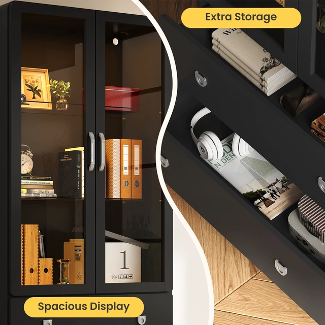 Alt view image 4 of 7 - 64 Inch Tall Display Cabinet with Storage Drawers and Acrylic Doors, Wooden Frame Curio Cabinet with LED Lights 3 Tier