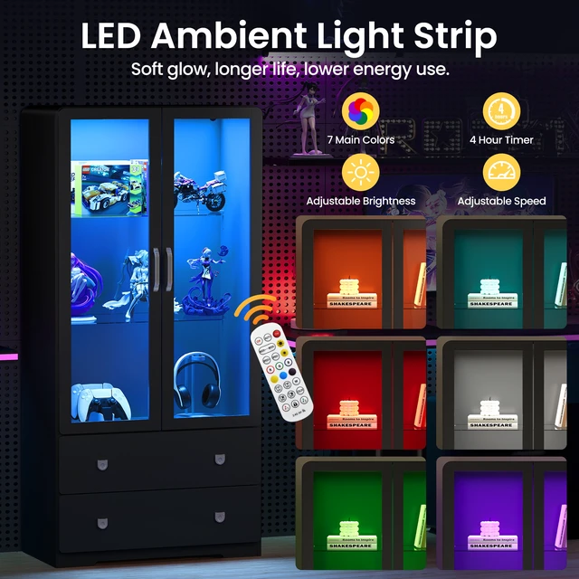 Alt view image 3 of 7 - 64 Inch Tall Display Cabinet with Storage Drawers and Acrylic Doors, Wooden Frame Curio Cabinet with LED Lights 3 Tier