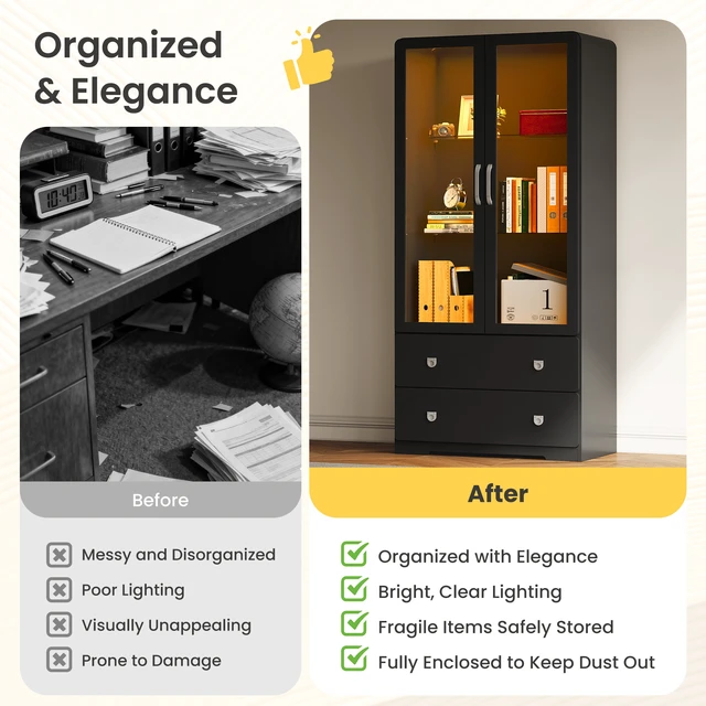 Alt view image 5 of 7 - 64 Inch Tall Display Cabinet with Storage Drawers and Acrylic Doors, Wooden Frame Curio Cabinet with LED Lights 3 Tier