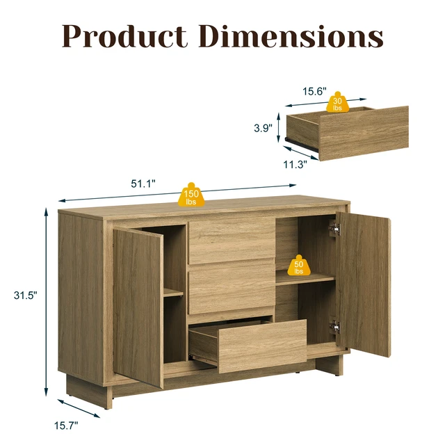 Alt view image 2 of 7 - Freestanding Storage Unit with Drawers and Doors, Multifunctional Buffet Sideboard Credenza Border Designed Cabinet