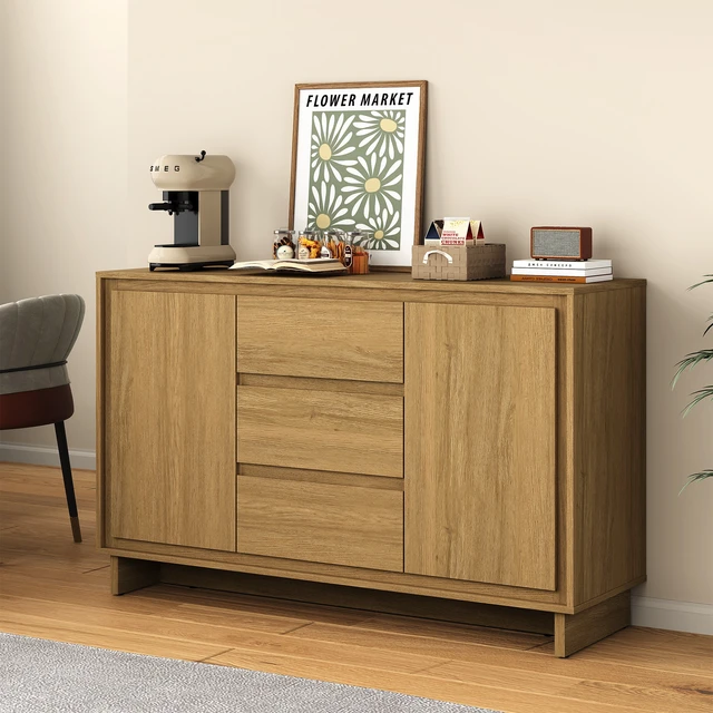 Alt view image 7 of 7 - Freestanding Storage Unit with Drawers and Doors, Multifunctional Buffet Sideboard Credenza Border Designed Cabinet