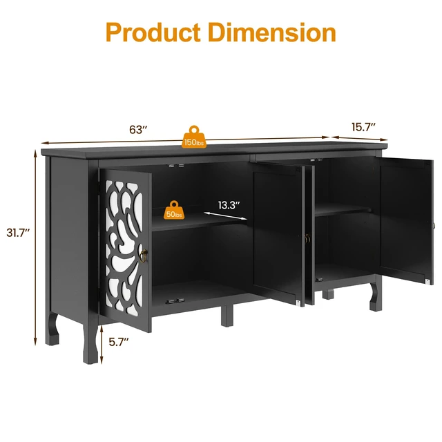Alt view image 3 of 7 - Carved Buffet Cabinet with Mirrored Door for Living, Black, Particle Board and MDF