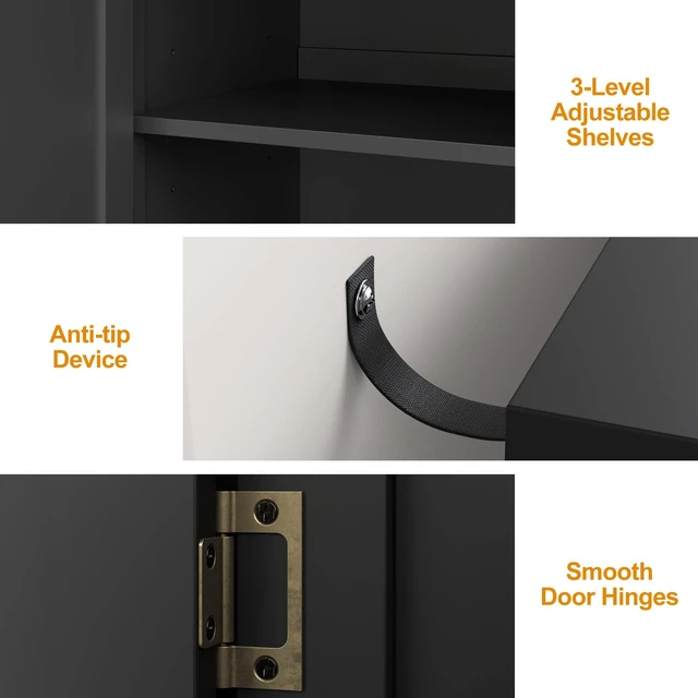 Alt view image 5 of 7 - Carved Buffet Cabinet with Mirrored Door for Living, Black, Particle Board and MDF