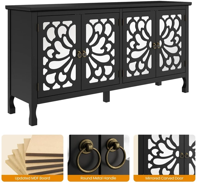 Alt view image 6 of 7 - Carved Buffet Cabinet with Mirrored Door for Living, Black, Particle Board and MDF