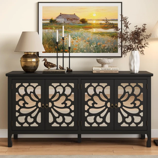 Alt view image 2 of 7 - Carved Buffet Cabinet with Mirrored Door for Living, Black, Particle Board and MDF