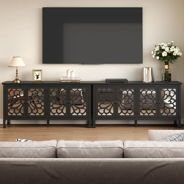 Alt view image 7 of 7 - Carved Buffet Cabinet with Mirrored Door for Living, Black, Particle Board and MDF