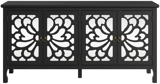 Main image of Carved Buffet Cabinet with Mirrored Door for Living, Black, Particle Board and MDF