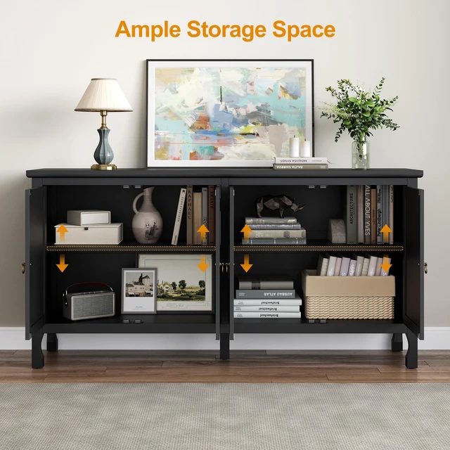 Alt view image 4 of 7 - Carved Buffet Cabinet with Mirrored Door for Living, Black, Particle Board and MDF