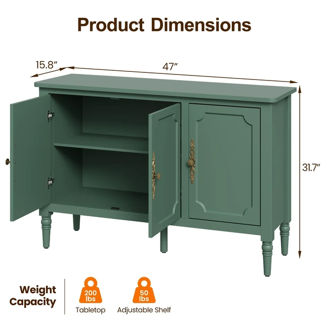 Alt view image 2 of 7 - Mid-Century 3 Door Buffet Cabinet for Dining, Green, Particle Board and MDF