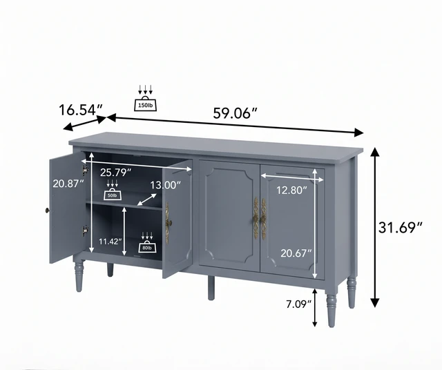 Alt view image 2 of 7 - Mid Century Buffet Sideboard for Living, Grey Wash, Particle Board and MDF, Cabinets