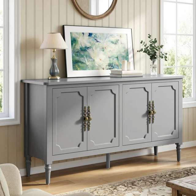 Alt view image 6 of 7 - Mid Century Buffet Sideboard for Living, Grey Wash, Particle Board and MDF, Cabinets