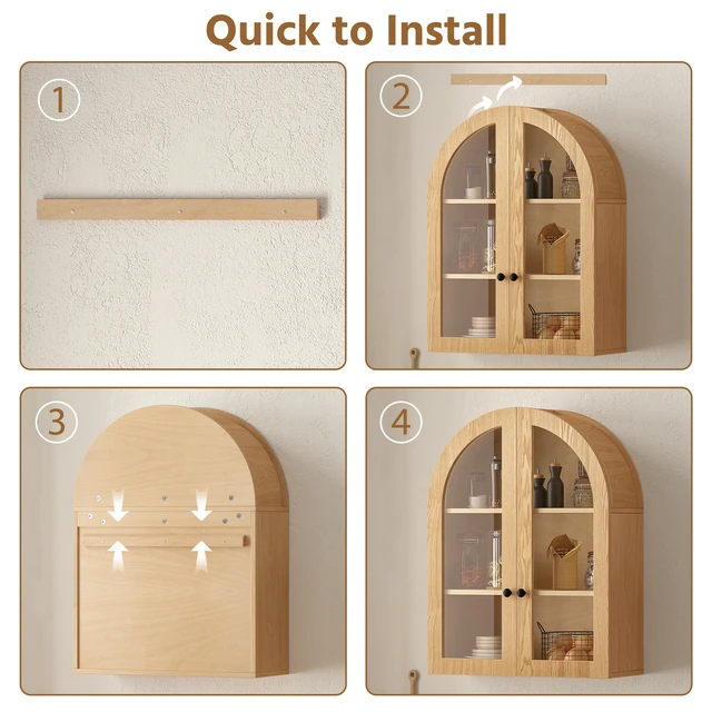 Alt view image 7 of 7 - Arched Wall Mounted Cabinet, Veneer Wall Storage Cabinet with Tempered Glass Doors Adjustable Shelf Easy Hanging