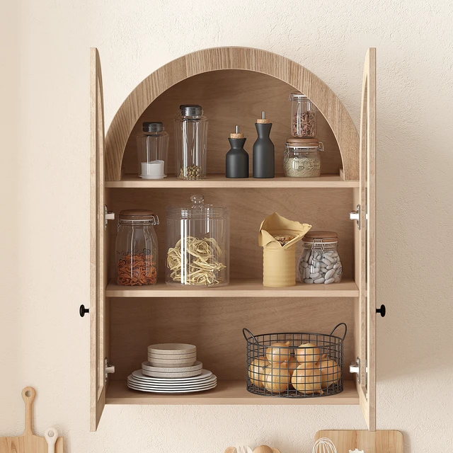 Alt view image 4 of 7 - Arched Wall Mounted Cabinet, Veneer Wall Storage Cabinet with Tempered Glass Doors Easy Hanging Hardware Included