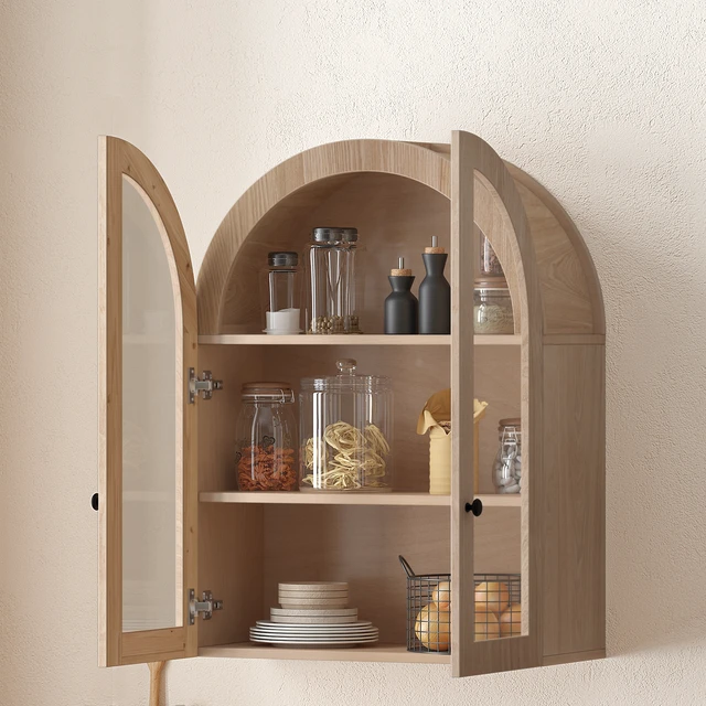 Alt view image 3 of 7 - Arched Wall Mounted Cabinet, Veneer Wall Storage Cabinet with Tempered Glass Doors Easy Hanging Hardware Included