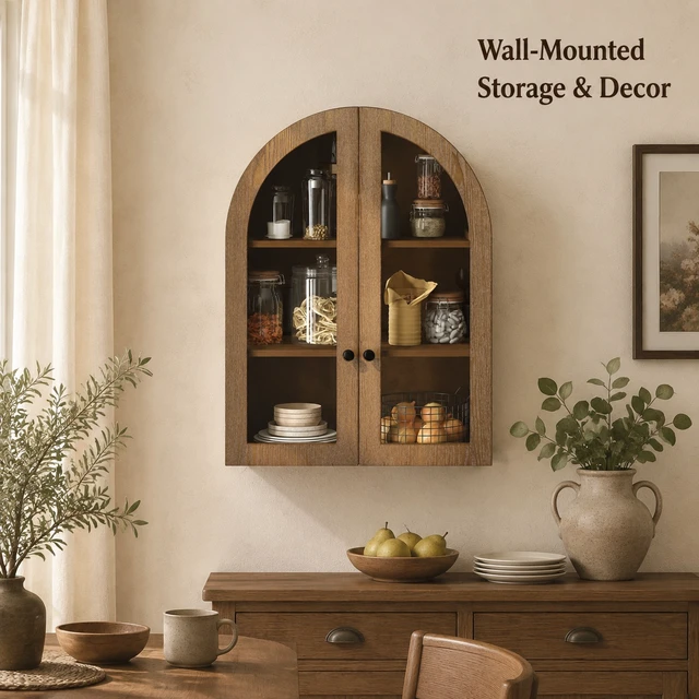 Alt view image 2 of 7 - Arched Wall Mounted Cabinet, Veneer Wall Storage Cabinet with Tempered Glass Doors Easy Hanging Hardware Included