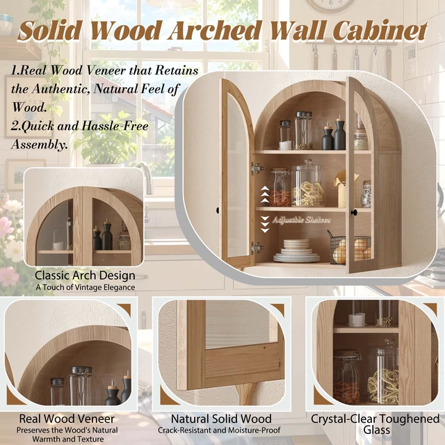 Alt view image 5 of 7 - Arched Wall Mounted Cabinet, Veneer Wall Storage Cabinet with Tempered Glass Doors Easy Hanging Hardware Included