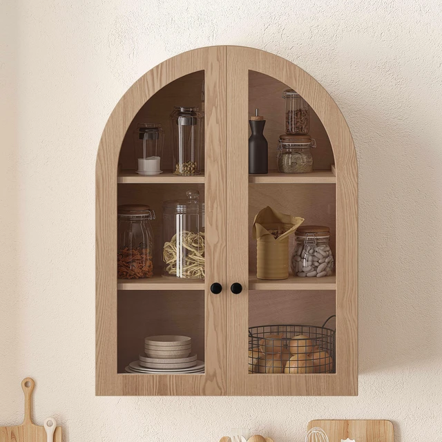 Main image of Arched Wall Mounted Cabinet, Veneer Wall Storage Cabinet with Tempered Glass Doors Easy Hanging Hardware Included