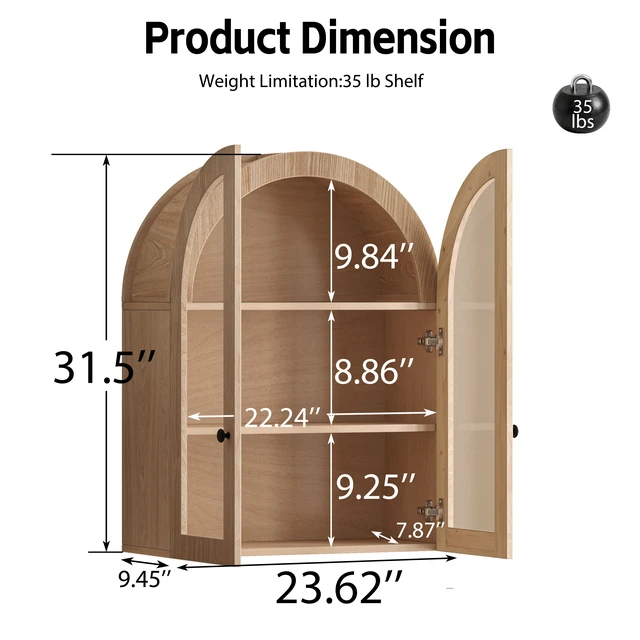 Alt view image 7 of 7 - Arched Wall Mounted Cabinet, Veneer Wall Storage Cabinet with Tempered Glass Doors Easy Hanging Hardware Included