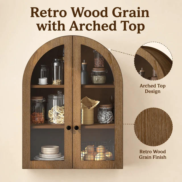 Alt view image 5 of 7 - Arched Wall Mounted Cabinet, Veneer Wall Storage Cabinet with Tempered Glass Doors Easy Hanging Hardware Included