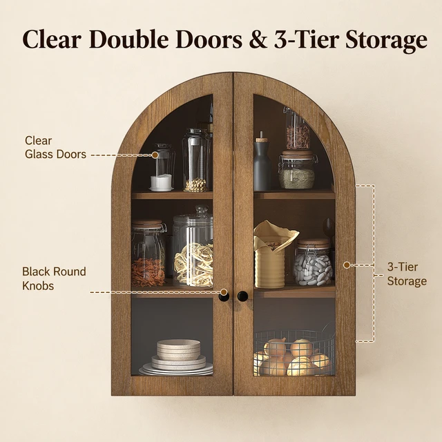 Alt view image 6 of 7 - Arched Wall Mounted Cabinet, Veneer Wall Storage Cabinet with Tempered Glass Doors Easy Hanging Hardware Included