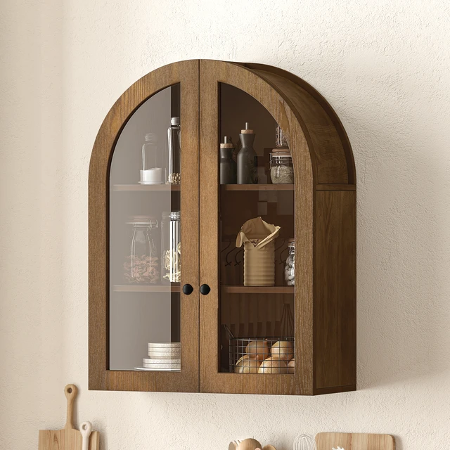 Alt view image 4 of 7 - Arched Wall Mounted Cabinet, Veneer Wall Storage Cabinet with Tempered Glass Doors Easy Hanging Hardware Included