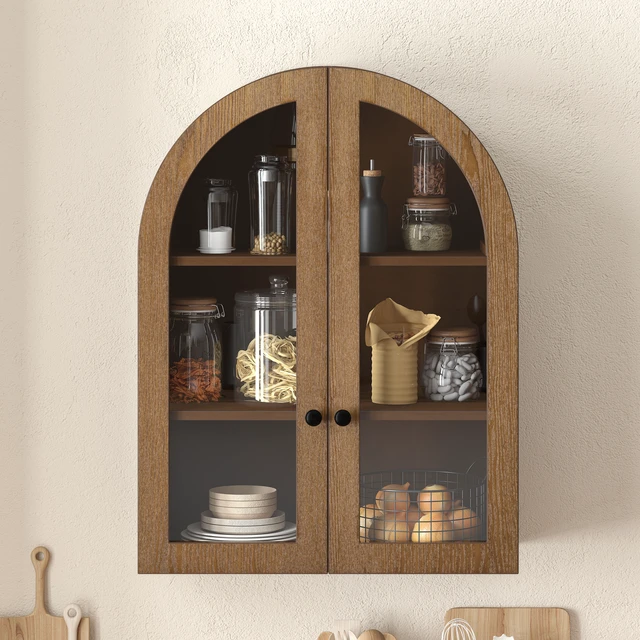 Alt view image 3 of 7 - Arched Wall Mounted Cabinet, Veneer Wall Storage Cabinet with Tempered Glass Doors Easy Hanging Hardware Included
