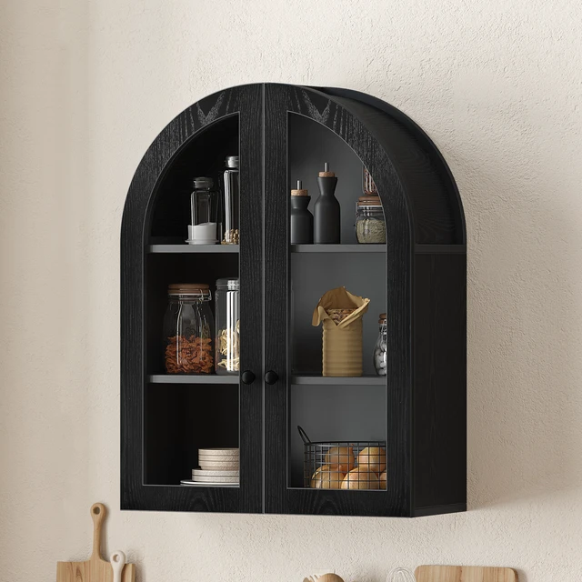 Alt view image 2 of 7 - Arched Wall Mounted Cabinet, Veneer Wall Storage Cabinet with Tempered Glass Doors Adjustable Shelf Easy Hanging