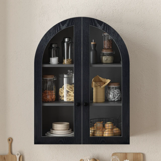 Main image of Arched Wall Mounted Cabinet, Veneer Wall Storage Cabinet with Tempered Glass Doors Adjustable Shelf Easy Hanging