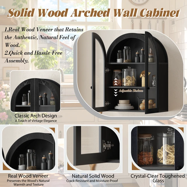 Alt view image 5 of 7 - Arched Wall Mounted Cabinet, Veneer Wall Storage Cabinet with Tempered Glass Doors Adjustable Shelf Easy Hanging