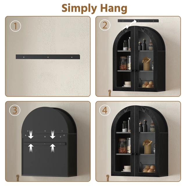 Alt view image 6 of 7 - Arched Wall Mounted Cabinet, Veneer Wall Storage Cabinet with Tempered Glass Doors Adjustable Shelf Easy Hanging