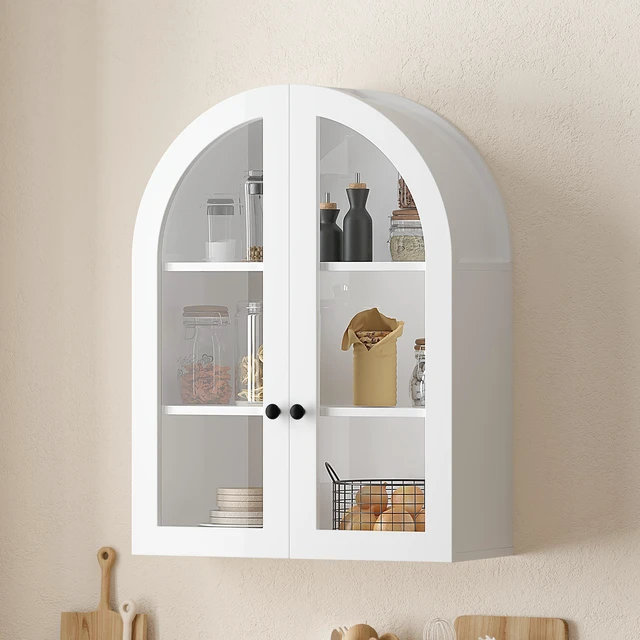 Alt view image 3 of 7 - Arched Wall Mounted Cabinet, Veneer Wall Storage Cabinet with Tempered Glass Doors Adjustable Shelf Easy Hanging