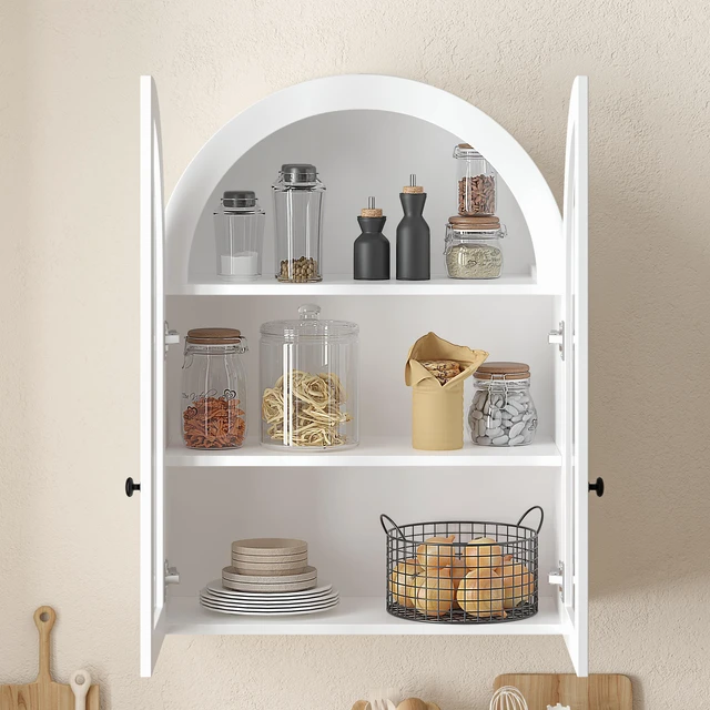 Alt view image 4 of 7 - Arched Wall Mounted Cabinet, Veneer Wall Storage Cabinet with Tempered Glass Doors Adjustable Shelf Easy Hanging