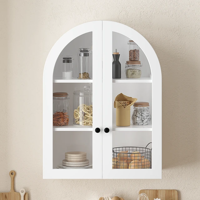 Alt view image 2 of 7 - Arched Wall Mounted Cabinet, Veneer Wall Storage Cabinet with Tempered Glass Doors Adjustable Shelf Easy Hanging