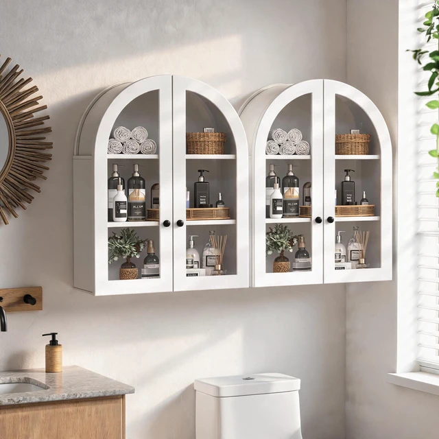 Alt view image 5 of 7 - Arched Wall Mounted Cabinet, Veneer Wall Storage Cabinet with Tempered Glass Doors Adjustable Shelf Easy Hanging