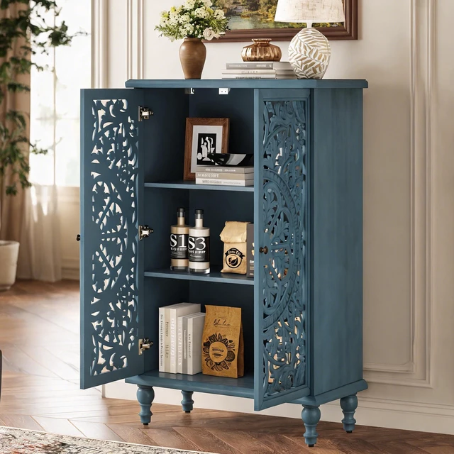 Alt view image 4 of 7 - Accent Storage Cabinet, 2 Door Decorative Cabinet with Hollow Carved Doors Adjustable Shelf Freestanding Display