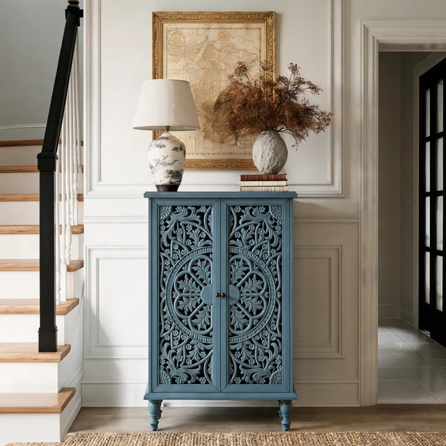 Alt view image 2 of 7 - Accent Storage Cabinet, 2 Door Decorative Cabinet with Hollow Carved Doors Adjustable Shelf Freestanding Display